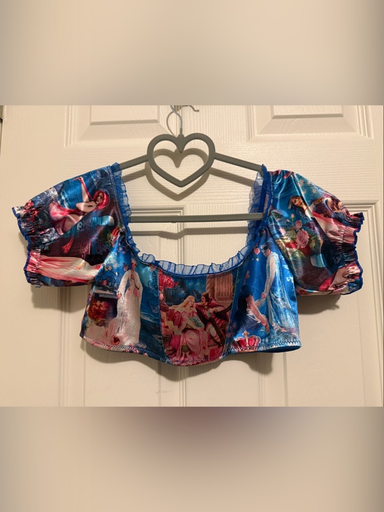 Sugar Thrillz Tops - Sugar Thrillz Blue Princess Print Ruffle Sleeve Crop Top